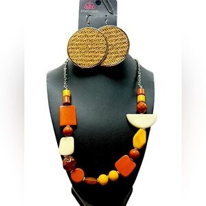 Paparazzi Brown and Cream Necklace with woven Beige Round Earrings, NWT
